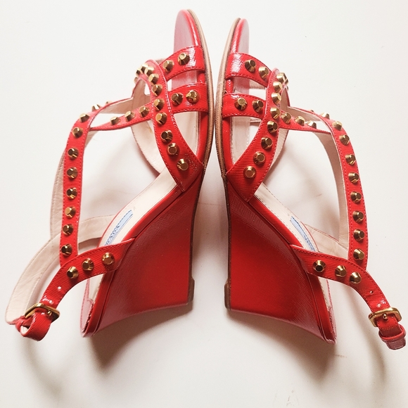 PRADA Red Patent Leather Gold Studded Strappy Wedge Sandal 36.5 - Picture 2 of 7